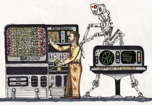 Homo Sapiens performing the ritual feeding of our early mainframe ancestors. CIRCA 1968