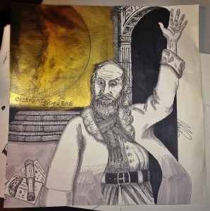 Pen and Ink, colored markers, and gold wax and graphite.