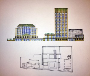 This second pass shows an expanded tower with room of general office leasing, echoing color-schema in the surrounding buildings.